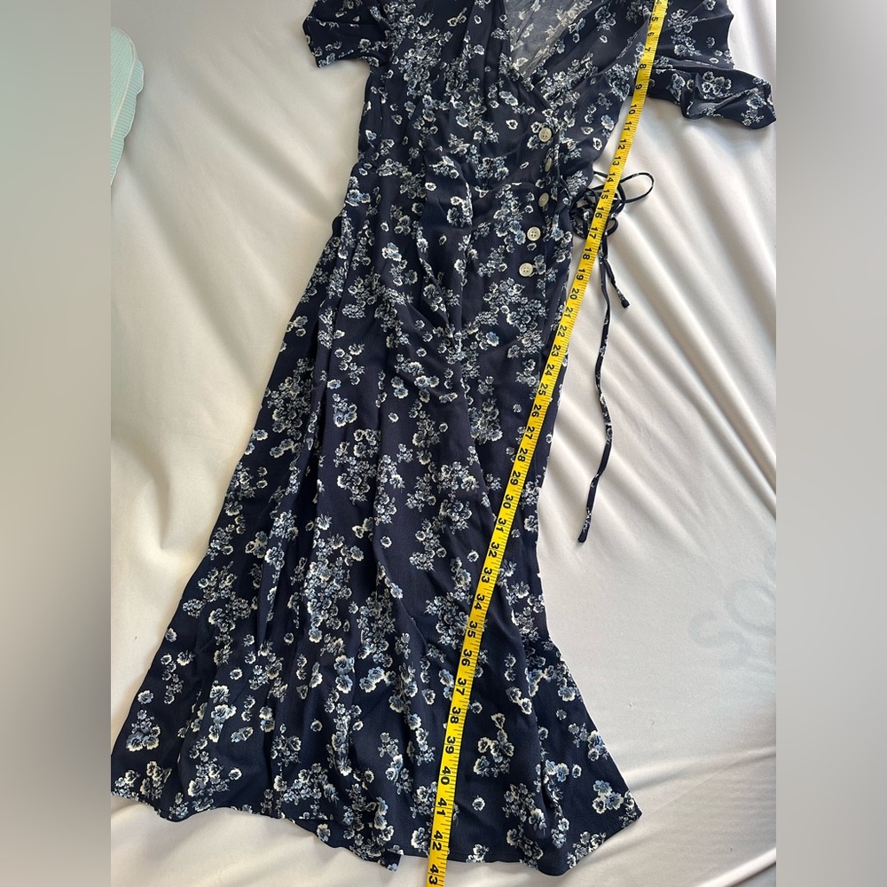 Rouje Wrap Dress S XS 36 Blue Floral Side Buttons Midi Length - Picture 5 of 9